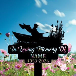 Personalized Fisherman Grave Marker, Angel On Old Fishing Boat Memorial Sign, Custom Metal Tribute For Fishermen.