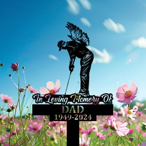 Personalized Golfer Grave Marker With Angel For Dad, Golf Memorial Metal Sign, Custom Heavenly Tribute, Outdoor Golf Cemetery Decoration.