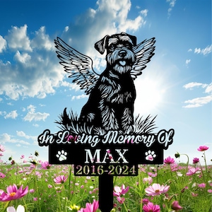 Personalized Schnauzer Dog Metal Memorial Garden Stake, Custom Angel Schnauzer Sitting Grave Marker Name Sign, Remembrance Stake