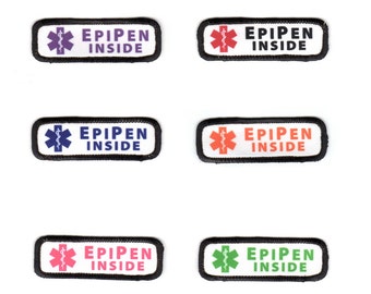 Epipen Inside Medical Alert Symbol Rectangle Patch with a Hook Fastener Backing (Choose Rim Color, Text/Graphic Color & Size)