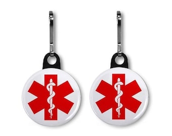 Medical Alert Zipper Pull Charm Emergency Medical Symbol First Aid Keychain Fob Jacket Backpack pouch Clip on Tag Two OR Four Pack