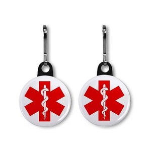 Medical Alert Zipper Pull Charm Emergency Medical Symbol First Aid Keychain Fob Jacket Backpack pouch Clip on Tag Two OR Four Pack