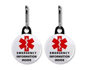 Emergency Information Inside Medical Alert | Zipper Pull charm Tag Keychain |  2-Pack of Zipper Pull Charms (Choose Size and Backing Color)
