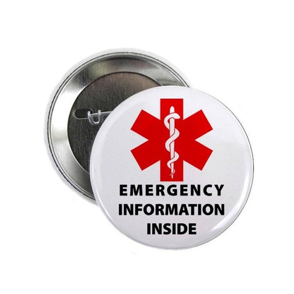 Emergency Information Inside Medic Alert Pin Back Button Badge | Custom Personalized Medical & Allergy Patches, Pins, Charms, Buttons