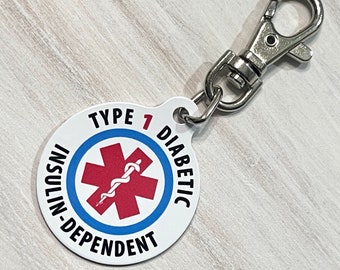 Type 1 Diabetic Tag Insulin Dependent, Diabetes Alert, Medical ID Tag. Double sided with lobster clasp & Personalization