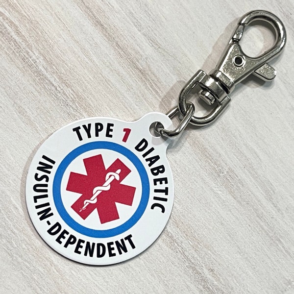 Type 1 Diabetic Tag Insulin Dependent, Diabetes Alert, Medical ID Tag. Double sided with lobster clasp & Personalization
