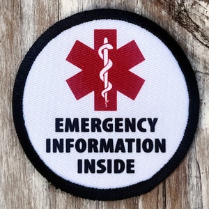 Emergency Information Inside Patch Medical Alert Symbol Cross | First responder Medic Alert Patches | First Aid Kit | Hook Fastener Backing