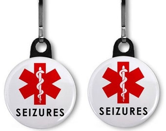 SEIZURE ALERT Medical Alert 2-Pack Zipper Pull Charm Tag Keychain Choose Size and Backing Color)\