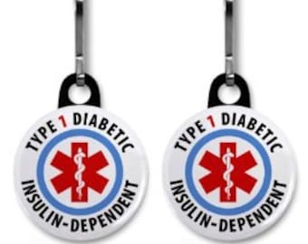 Diabetic Diabetes Medical Alert Keychain Fob Charm Zipper Pull | TWO Type 1 Insulin Dependent Case Pouch Bag Tags
