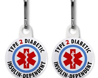 Diabetic Diabetes Type 2 Insulin Dependent Medical Medic Alert Zipper Pull Keychain Tag Charm | Insulin Case Pouch Bag | medical alert tag