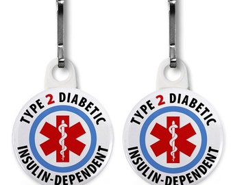 Diabetic Diabetes Type 2 Insulin Dependent Medical Medic Alert Zipper Pull Keychain Tag Charm | Insulin Case Pouch Bag