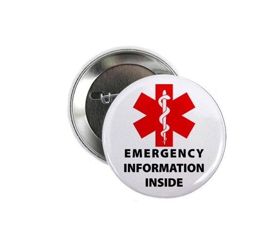 Emergency Information Inside Medic Alert Pin Back Button Badge | Custom Personalized Medical & Allergy Patches, Pins, Charms, Buttons