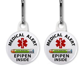 Tirador de cremallera con diseño de Epipen verde - Medical Alert Charms (Elija la cantidad, el tamaño y el color del reverso)