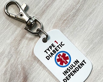 Diabetes Alert Type 1 One Diabetic  Blue Circle Dog Tag Keychain Charm w/ Lobster Clasp for kids backpack, supply bag, case, kit
