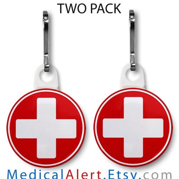 First Aid Red Cross Medical Alert 2 Pack of Zipper Pull Charms (Choose Size and Color of Backing)