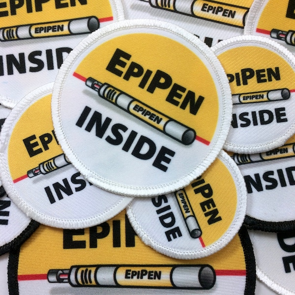 Epipen Inside Medical Alert Patch for Kids Pouch, Case, Waist bag, purse, backpack. White Rim Sew-on Patch