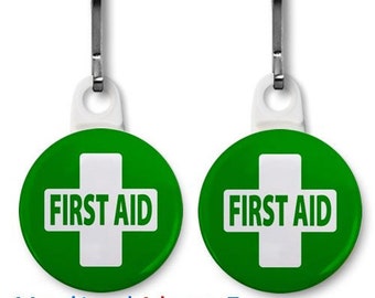 GREEN FIRST AID Certified 2-Pack of Zipper Pull Charms (Choose Size and Color of Backing)