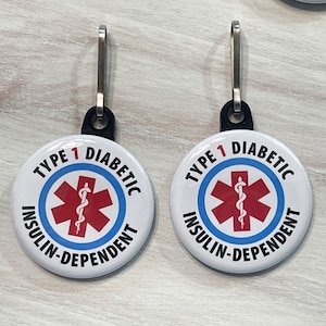 Diabetic Diabetes Medical Alert Keychain Fob Charm Zipper Pull | Type 1 Insulin Dependent Case Pouch Bag Tags