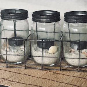 Coastal Mason Jar Candle Holders with Florida Seashells – Beach Sand Seashell & Tea light Set – Nautical Decor by Shell Whisperer