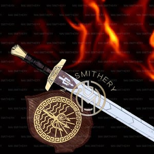 May include: A decorative sword with a silver blade and gold accents, resting on a wooden plaque with a circular emblem. The sword's handle is black and gold. The background features a fiery design.