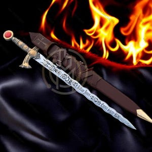 May include: An ornate sword with a silver blade and gold accents, featuring engraved text and a red gem on the pommel. The sword rests beside a brown leather sheath, with a fiery background.
