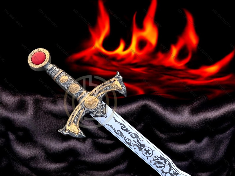 May include: An ornate sword with a silver blade and gold accents. The hilt features a red stone and intricate designs. The background includes a fiery red and orange graphic, creating a dramatic effect. The sword is displayed against a dark, textured backdrop.