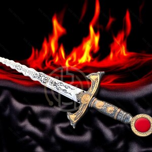 May include: An ornate dagger with a silver blade and gold accents. The handle features intricate designs and a red circular gem. The background includes flames and a dark, textured fabric, creating a dramatic effect.