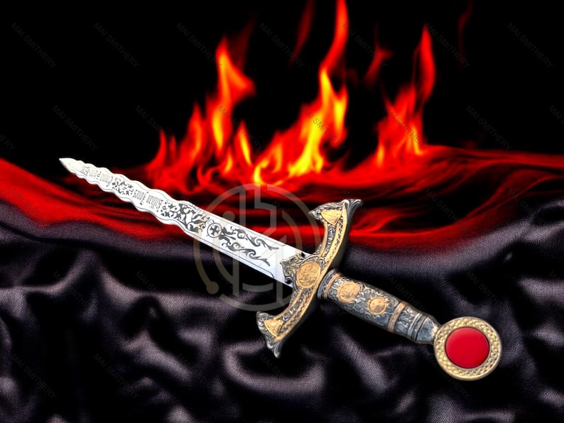 May include: An ornate dagger with a silver blade and gold accents. The handle features intricate designs and a red circular gem. The background includes flames and a dark, textured fabric, creating a dramatic effect.