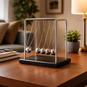 Peut inclure: Un berceau de Newton, un jouet de bureau avec cinq boules en acier poli suspendues à un cadre chromé. La base est un bloc de bois noir rectangulaire. Le jouet est posé sur une table en bois.