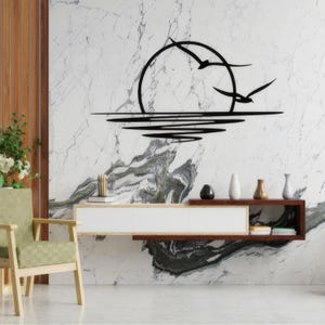Minimalist Sunrise Metal Wall Art: Seagull & Sun Coastal Decor