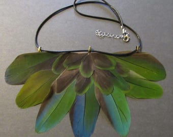Green and Blue Parrots Sustainably Sourced feathers used to create this semicircular Necklace