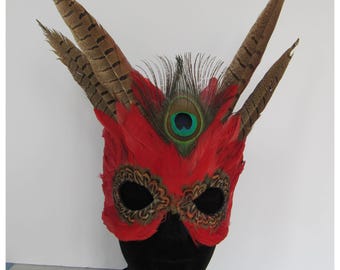 Fantasy Inspired Red feather mask, peacock eye, Warlock, Emperor, Devil, Royalty, Witch, Theatrical Costume, Halloween, Carnivale, Dancer