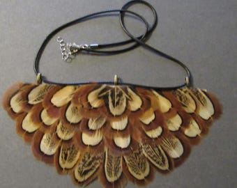 Ringneck Pheasant Feather Necklace in Brown, Black and White Patterns distinctive nature-based jewelry V2