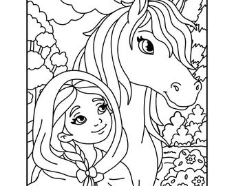馬が大好きな女の子のための、塗り絵とパズル、迷路が楽しめる印刷可能なブック