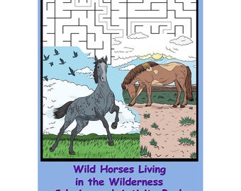 Wild Horses in Wilderness Environments Coloring Activity Book, Color Horses, Mazes, Word Searches, Crossword Puzzle