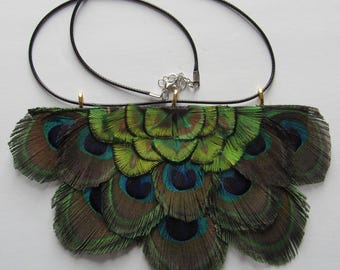 Tiny Peacock and Eye Feathers Necklace colorful flamboyant iridescent nature-based jewelry V2