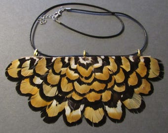 Elegant Reeves Pheasant Gold, Black and White Semi-circular Feather Necklace