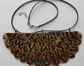 Ringneck Pheasant Feather Necklace in Golden, Black and White Patterns is a decorative nature-based jewelry piece V2