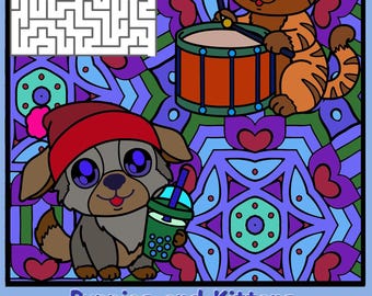 Puppies and Kittens Engaged in Fun Activities Coloring and Puzzles Book, Musical Pets, Mazes