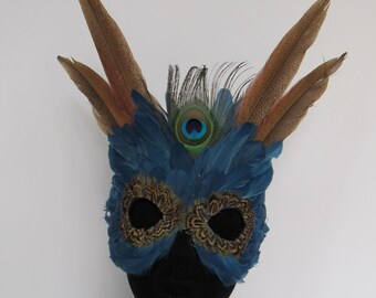 Bright Blue Feathers Mask Halloween, Nature Sprite, Fairy, Witch, alter ego, Disguise, Elfin, Masquerade costume, Samhain, Mardi Gras, Party