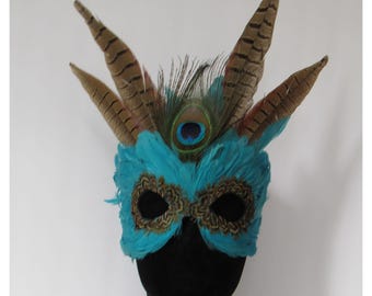 Halloween Party Turquoise Feathers Mask, Nature Sprite, Fairy, Witch, alter ego, disguise, elfin, costume, Masquerade, Samhain, Mardi Gras