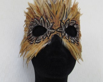 Golden Feather Mask to Inspire a Lion, Goddess or Warlock Costume for Holiday Parties backed by Suede