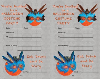 Masked Pumpkins Invitation to a Halloween Party Instant Downloadable 4.5” x 5.5" Cards