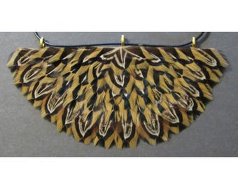 Ringneck Pheasant Feather Necklace in Golden, Black and White Patterns is a striking nature-based jewelry piece V1