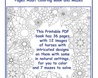 馬の複雑な模様とデザインページ、大人向けの塗り絵と迷路の PDF をダウンロードできます。