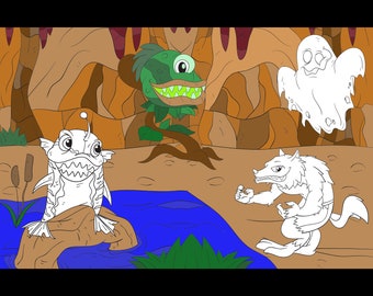 Thirteen Scary Monsters and Creatures Meet Up in Interesting Places to Download and Color