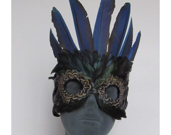 Iridescent Parrot Feather Crown Wickedly Elegant Feather Mask for fantasy Masquerade event, Mardi Gras, Halloween, Dance or Theatre Costume