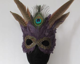 Fantasy Inspired Purple feather mask, peacock eye, Warlock, Emperor, King, Queen, Fairy, Theatrical Costume, Halloween, Carnivale, Dancer
