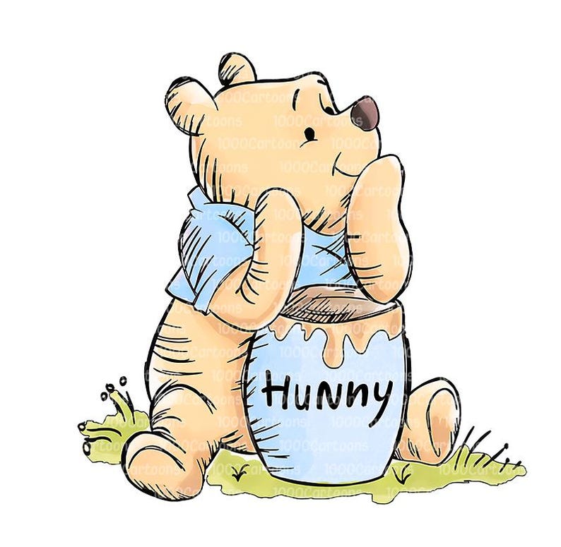 May include: A cartoon illustration of Winnie the Pooh, a yellow bear, sitting beside a blue honey pot with the word "Hunny" on it. The bear wears a blue shirt and rests his head on his hand. The image has a white background.