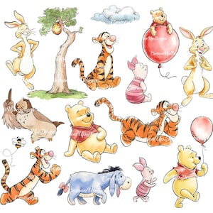 Puede incluir: Ilustraciones en acuarela de los personajes de Winnie the Pooh, incluyendo a Pooh, Tigger, Piglet, Eeyore y Rabbit. Las imágenes presentan a los personajes en varias poses, con globos, un árbol y una nube. El estilo es caprichoso y colorido.